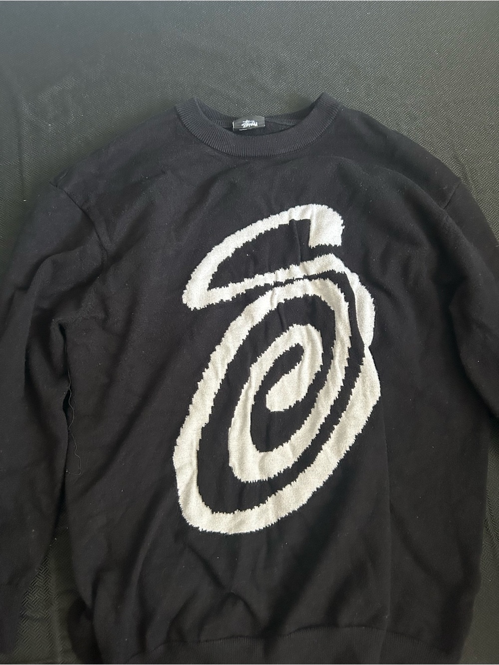 Stussy Black Sweater with White Spiral Motif